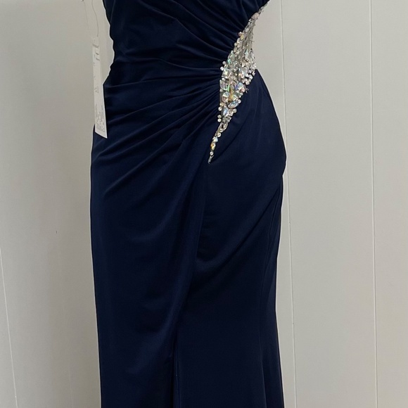 Val Stefani Prom Navy Blue One Shoulder Beaded Mesh Cutout Gown Size 6 Formal - Picture 13 of 13
